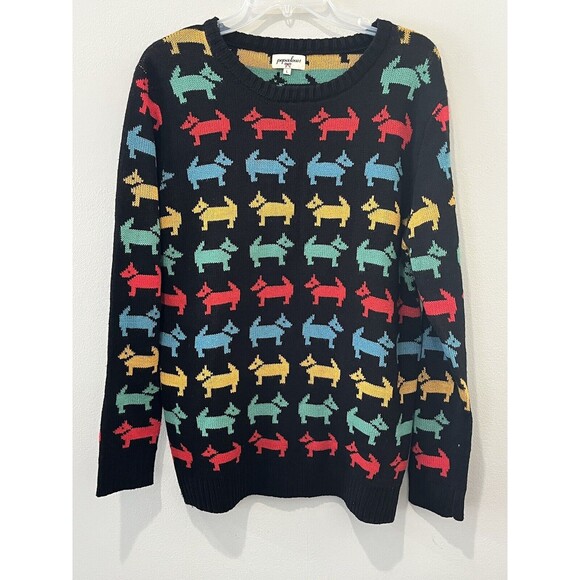 Pepaloves Sweater Women’s Large Black Rainbow Dogs Crewneck Novelty Long Sleeve - Picture 1 of 7